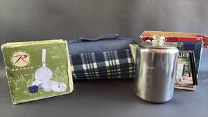 lot 67 image: Stainless Steel Camp Percolator, Blanket with Carry Handle and NIB Mess Kit