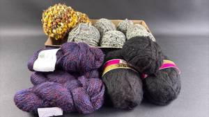 lot 80 image: Mixed Yarn Bundle Lot - Wool and Acrylic Purple, Gray, Black, and Multicolor