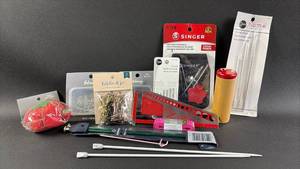 lot 83 image: NEW Sewing and Knitting Supplies Bundle Kit with Vintage Needle Holder