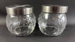 lot 84 image: (2) Decorative Storage Jars with Metal Lids - They Have Texture & Look A Bit Like A Strawberry