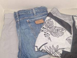 lot 108 image: Wrangler Retro Relaxed Boot Cut Mens Jeans Size 38x36, OP Swim Trunks, Lightweight Denali Pants