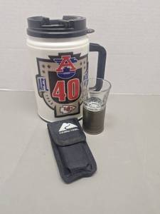 lot 115 image: NFL AFC 40th Anniversary Commemorative Travel Mug, Ozark Trail Multi-Tool, Casing of M169 Shot Glass