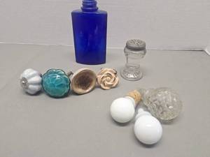lot 117 image: Vintage Decanter Tops, Drawer Knobs, Moon & Stars Shaker, Blue Bottle