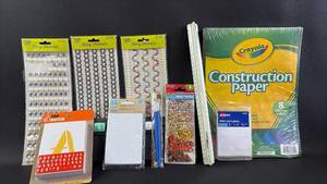 lot 148 image: NEW Stickers, Paper Cutter, NIP Construction Papers, Stencils, Tri-Measure, Sequins, Tape Dots, Labels