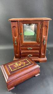lot 149 image: Wooden Jewelry Boxes with Floral Inlay Design and Etched Carved Glass