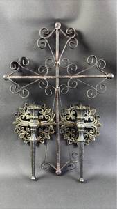 lot 158 image: Wrought Iron Wall Cross and Plastic Dart Ind. MCM Candle Sconces