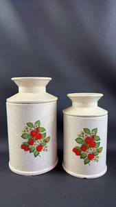 lot 159 image: Ceramic Milk Can Shaped Kitchen Canisters with Strawberry Design 11.5 inches and 9.5 inches tall