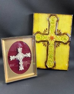 lot 174 image: Handcrafted Paper Quill Religious Cross Framed (6 x 8) and Embossed Metal Wall Decor ( 8 x 12 )