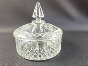 lot 201 image: 6 Inch Wide, 5.5 Tall, Indiana Clear Glass Princess Cut Diamond Point Lid Candy Dish Bowl Dresser Jar