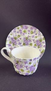 lot 215 image: Crown Trent UK Fine Bone China Purple Violet Floral Tea Cup and Saucer Set