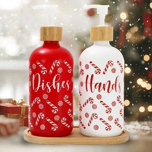 lot 56530 image: 2 Pcs Christmas Soap Dispenser Glass Soap Dispenser with Pump Red Xmas Candy Cane Refillable Liquid Container for Hands Dishes Party Home Kitchen Bathroom Decor - Retail $17