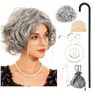 lot 56543 image: Old Lady Costume for Women Granny Grey Wig Adult Outfit for Woman Old Grandma Costumes - Retail $18