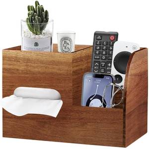 lot 56566 image: Wood Tissue Box Cover Square with Tray and Remote Holder, Multifunctional Tissues Cube Box OrganizerShelfRack, Napkin Storage Box for Bathroom, Vanity Countertop, Nightstand, Office, Home Decor - Retail $29