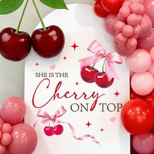 lot 56586 image: Cherry on The Top Decorations - Cherry Theme Baby Shower Decal, Sweet Bow Wall Sticker for Balloon Arch Backdrop Decor, Cherries Theme Bridal Shower Birthday Party Decorations - Retail $12