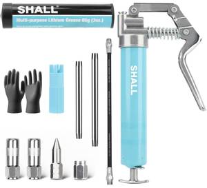 lot 56599 image: Mini Grease Gun Kit (3.52OZ, 3000PSI) with Accessories 2x 4-Jaw Couplers, Sharp Nozzle, Extension Adapter, 3OZ Grease, Reinforced Glove & Cleaner - Retail $16