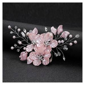 lot 56600 image: Bride Pearl Flower Hair Comb for Women and Girls, Wedding Floral Rhinestone Bridal Hair Piece Side Combs Hair Accessories for Wedding Party Daily (Pink) - Retail $7