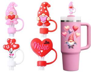 lot 56618 image: Valentines Day Straw Toppers - 4PCs 10mm Silicone Straw Cover Compatible with Stanley Cup - Cute Heart Straw Accessories with Storage Box - Retail $6