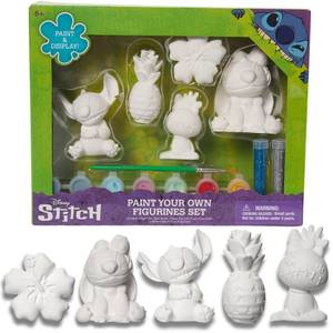 lot 56634 image: Disney Stitch DIY Paint Your Own Figurines Arts and Crafts Set for Kids, Paint, Paint Brush, and Glitter - Retail $18