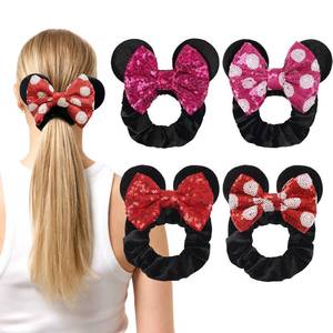 lot 56642 image: 4 Pack Mouse Ears Scrunchies Sequin Mouse Bows Velvet Hair Scrunchies Hair Ties Elastic Rubber Bands Ponytail Holders for Kids Women Girls - Retail $9