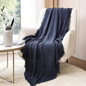 lot 56662 image: Farmhouse Waffle Knit Throw Blanket for Couch Sofa Chair Bed Home Decoration, Soft Warm Cozy Light Weight for Spring Summer Fall (50X60 Navy Blue) - Retail $19