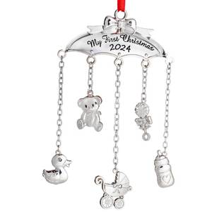lot 56664 image: My First Christmas Ornament Baby Mobile - Baby First Christmas Ornament 2024-1st Christmas Baby Ornament - Silver Babies First Christmas Ornament Mobile with Hanging Charms - Retail $5