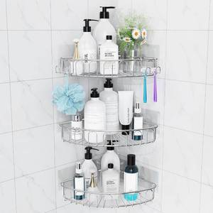 lot 56686 image: Corner Shower Caddy Stainless Steel with Hooks Wall Mounted Bathroom Shelf Storage Organizer Adhesive No Drilling 3 Pack, Silver Only for 90-Degree Corner - Retail $26