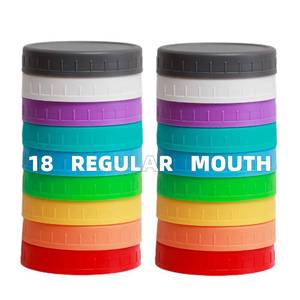 lot 56689 image: 18 Pack Regular Mouth Mason Jar Lids, Plastic Mason Jar Lids with Silicone Rings, Plastic Canning Lids, Fit Ball, Kerr and More (Multicolored) - Retail $10