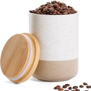 lot 56701 image: Canister Sets for Kitchen Counter, 40 OZ Large Ceramic Food Storage Jars with Airtight Wood Lids, Large Kitchen Canisters for Coffee, Sugar, Tea, Flour, Spice - Retail $19