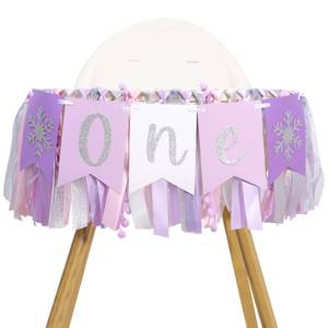 lot 56702 image: Snowflake One Birthday High Chair Banner- Purple Silver Frozen 1st Birthday Garland, Snowflake Banner for Baby Shower, Winter Wonderland First Party Decorations for Boys Girls - Retail $15