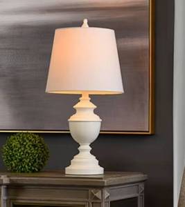 lot 56730 image: 25in Basilica Table Lamp, Hand Applied Finish, Linen Shade 60W (Bulb Not Included) - Retail $110