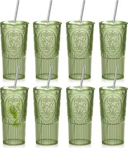 lot 43 image: Acellegic 8 Set 20oz Vintage Plastic Tumbler with Lids and Straws Ribbed Floral Drinking Glasses Reusable Iced Coffee Cups for Water Juice Smoothie Cocktail Travel Party Events Gift (Green)
