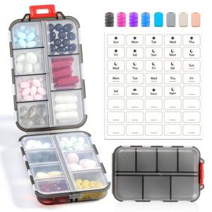 lot 45 image: 14 GRIDS Travel Pill Organizer Box with Labels - Travel Medicine Case Kit - Pocket Daily Pharmacy Container - Travel Medication Holder Dispenser for Fish Oil Vitamin Supplement Storage - Clear Gray - Retail $6