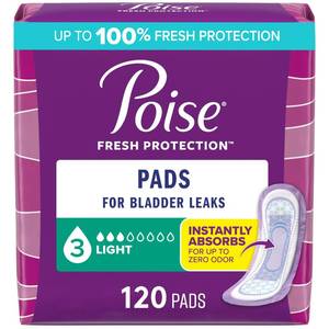 lot 49 image: Poise Incontinence Pads & Postpartum Incontinence Pads, 3 Drop Light Absorbency, Regular Length, 120 Count (4 Packs of 30), Packaging May Vary - Retail $26