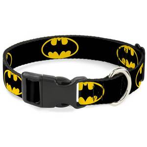 lot 52 image: Buckle-Down Plastic Clip Collar - Batman Shield BlackYellow - 12 Wide - Fits 6-9 Neck - Small - Retail $20