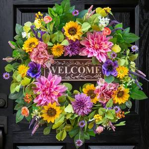 lot 80 image: Spring and Summer Wreaths for Front Door 24 Inch Summer Wreath with Lifelike Sunflower,Pink and Purple Dahlia Spring Door Wreath with Welcome Sign,Outdoor Decor - Retail $57
