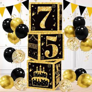 lot 90 image: 75th Birthday Decorations Boxes for Men- 3PCS Black Gold Happy 75th Birthday Balloons Boxes, 75 Year Old Party Supplies for Men Women - Retail $12