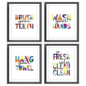 lot 124 image: Fun Colorful Kids Bathroom Rules Poster Prints for Home Washroom Restroom Nursery Toilet Decor, Motivational Signs Decorations Prints Wall Art Unframed 4pcs 8x10inches - Retail $13