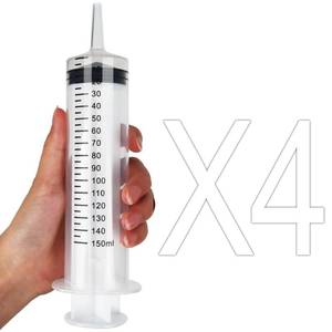 lot 143 image: 4Pack 150ml Large Syringe for Liquid - Big Plastic Syringes for Thick Liquids , Giant without Needle Syringe for Paint Fluid , Irrigation Water , Feeding Food Equine ( 4Pcs 150 ml ) - Retail $10