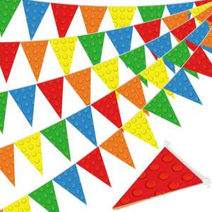 lot 144 image: Tiamon 5 Pcs Building Block Birthday Party Decorations Colorful Blocks Bricks Triangle 49.2 Ft Flag Red Blue Yellow Pennant Banner Garland Streamer for Birthday Baby Shower Brick Themed Party Supply - Retail $15