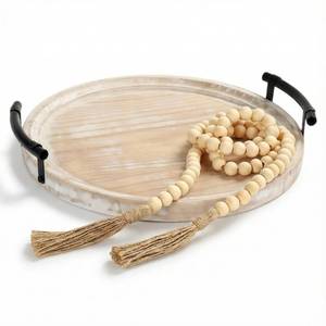 lot 161 image: Decorative Round Tray with Bead Garland, 13 Inch Whitewashed Farmhouse Coffee Table Centerpiece, Wooden Decor Tray with Handles for Kitchen Island & Entryway - Retail $30