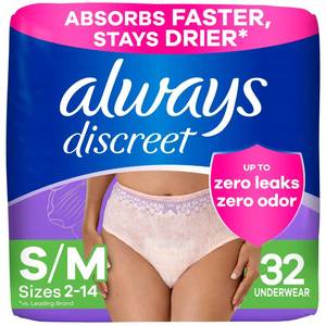 lot 165 image: Always Discreet Adult Diapers for Women, Incontinence Underwear, Postpartum Essentials, Disposable Briefs, Max Absorbency, Bladder Leak Protection, SmallMedium, 32ct - Retail $19