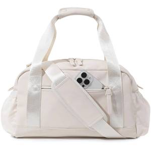 lot 183 image: Bucosd Small Gym Bag for Women, Mini Crossbody Gym Duffle Bag with Wet Compartment, Carry on Gym Tote Bag for Workout Dance Sport Travel (Medium-Beige) - Retail $34