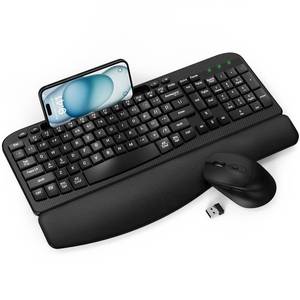 lot 190 image: Wireless Keyboard and Mouse Combo, Wave Keys Full-Sized Ergonomic Keyboard with Cushioned Plam Rest, Phone Holder, Comfortable Natural Typing, 2.4G Cordless Set for Computer, Laptop, PC, Mac, Windows - Retail $43