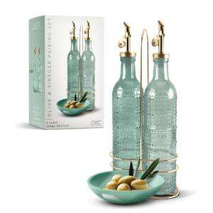lot 204 image: COOK WITH COLOR Glass Olive Oil Bottle Dispenser - 2 Pack- 17oz Oil and Vinegar Cruet - Olive Oil Carafe Decanter for Kitchen, Champagne Bubbles, Green - Retail $29