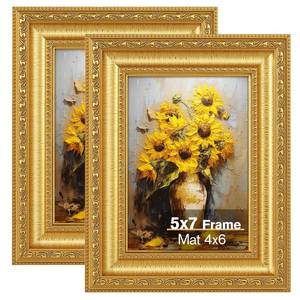 lot 226 image: Splinterix 5x7 Gold Picture Frames Set of 2, Ornate Vintage 5 x 7 Photo Frames for Wall Decor or Tabletop Display,5 x 7 Gold Frame with Real Glass, Display 4x6 Pictures with Mat or 5x7 without Mat for Antique D�co - Retail $17