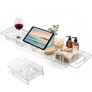 lot 237 image: Expandable Bathtub Tray Caddy, Clear Bath Tray for Tub for Bath Relaxing, Foldable Bath Table Trays, Bathtub & Bathroom Accessories for Women Gift, Anniversary or Wedding Gifts, New Home - Retail $18