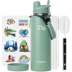 lot 288 image: Swigina 2-IN-1 LID Insulated Water Bottle with Silicone Boot (36hrs Cold18hrs Hot) - DIY Stickers, Leakproof, BPA Free, 40 oz - Retail $13