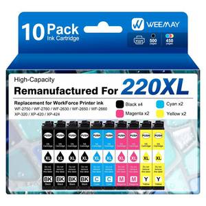 lot 295 image: Weemay Remanufactured Ink Cartridges Replacement for Epson 220XL Ink Cartridges Works with Workforce WF-2750 WF-2760 WF-2630 WF-2650 WF-2660 XP-320 XP-420 xp-424 (4 Black, 2 Cyan, 2 Magenta, 2 Yellow) - Retail $30