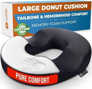 lot 297 image: 5 STARS UNITED Donut Pillow Hemorrhoid Tailbone Cushion �� Large Floor Cushion for Pain Relief �� Coccyx, Prostate, Sciatica, Pelvic Floor, Pressure Sores, Pregnancy, Postpartum Recovery, Black - Retail $35