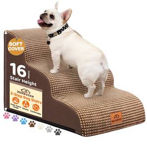 lot 309 image: Zerbuger Dog Ramp and Stair for Bed 16 H-20 H,3-Step Cat Stair for Sofa and Chair,4-Step Dog Ramp for High Bed and Window,Durable Nonslip Fabric Cover for Indoor (Coffee-16 H, Pet Friendly, 3) - Retail $33